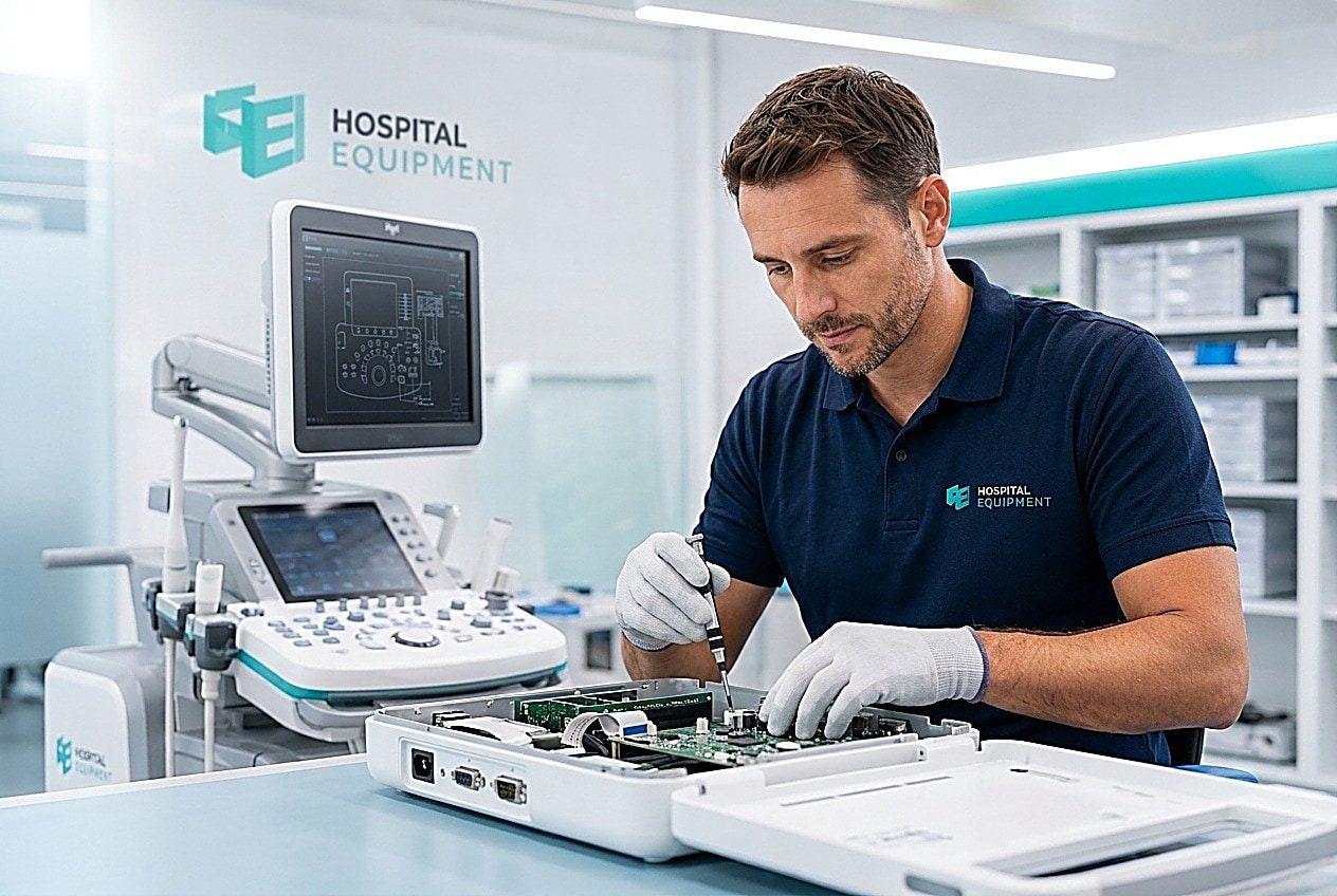Medizintechniker repariert ein Ultraschallgerät an der Werkbank bei Hospital Equipment