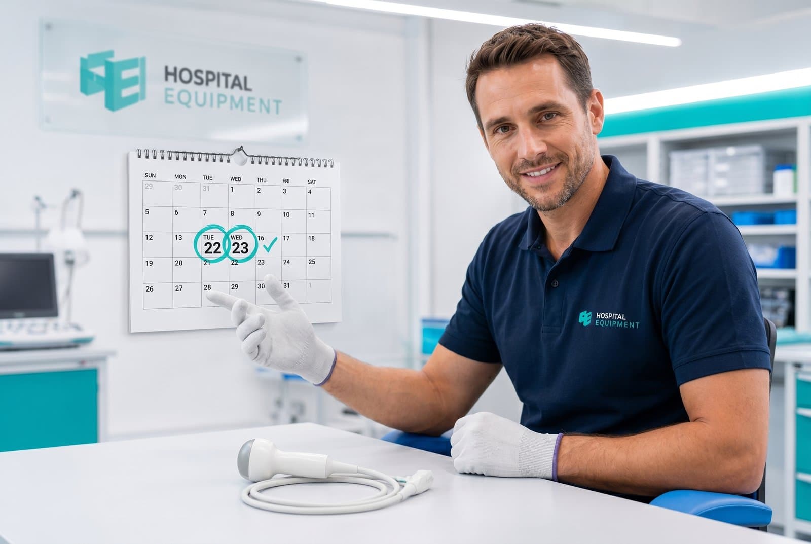 Techniker von Hospital Equipment zeigt auf den Kalender, reparierte Ultraschallsonde in 1 bis 2 Werktagen zurück