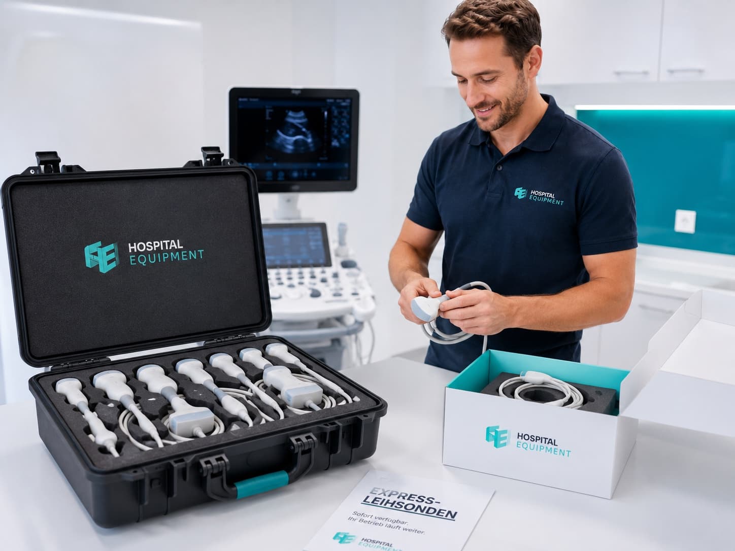 Techniker dokumentiert das Prüfprotokoll einer Ultraschallsonde bei Hospital Equipment