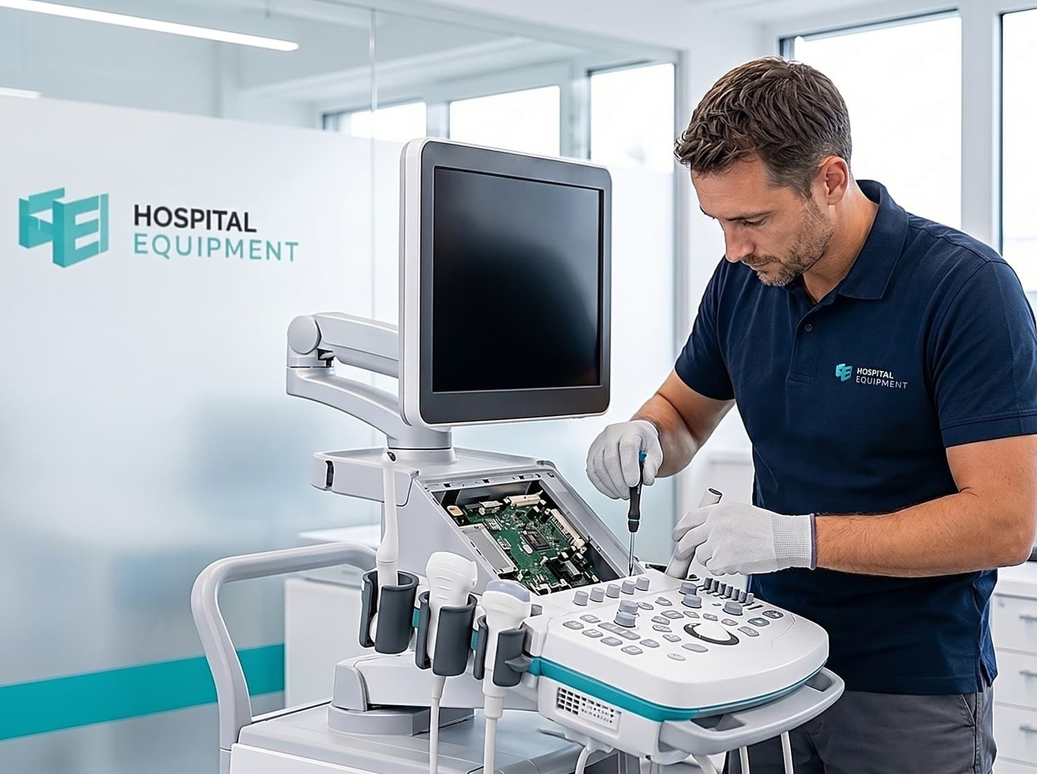 Techniker von Hospital Equipment repariert ein Ultraschallgerät in der ESD-geschützten Werkstatt