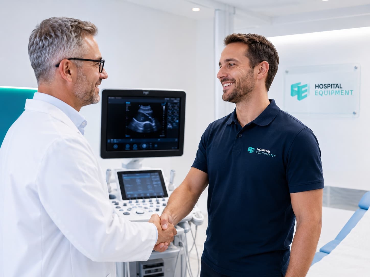 Zufriedener Arzt und Techniker von Hospital Equipment beim Handschlag am Ultraschallgerät